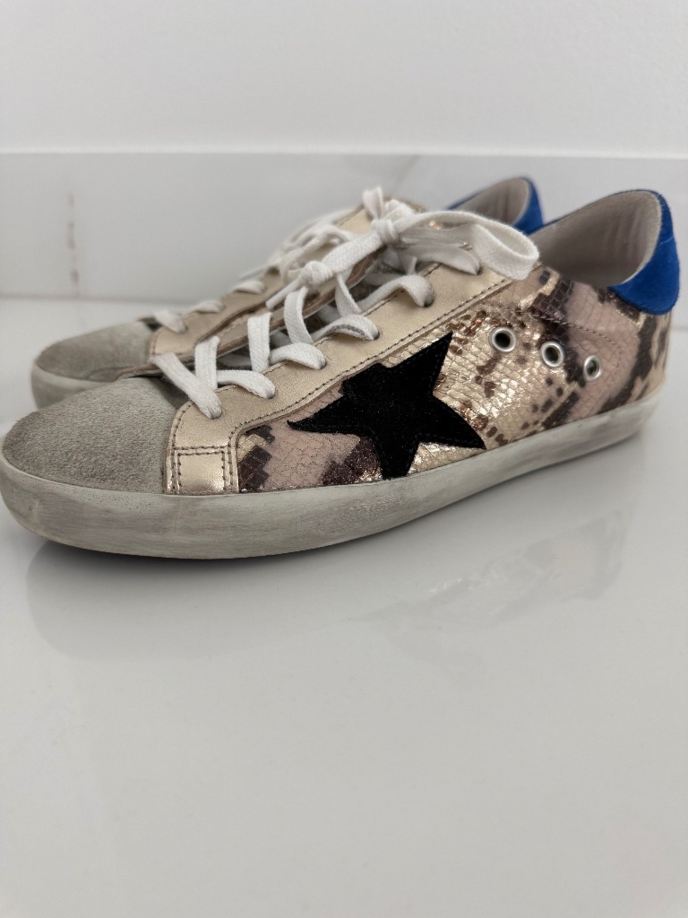 Golden Goose Super-Star Snakeskin Blue Heel Sneakers Size 39